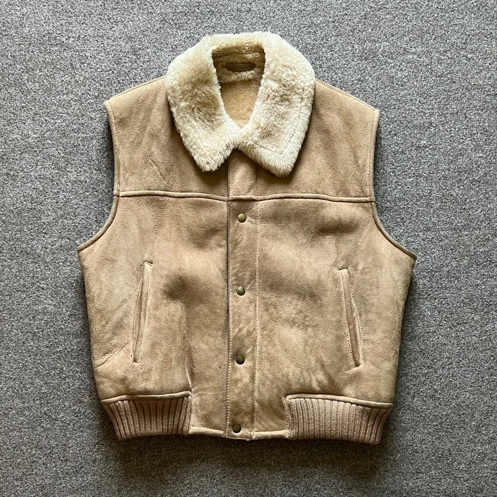 Vintage Overland Sheepskin Co. Suede Leather Collared Vest Fur Lined Made In USA
